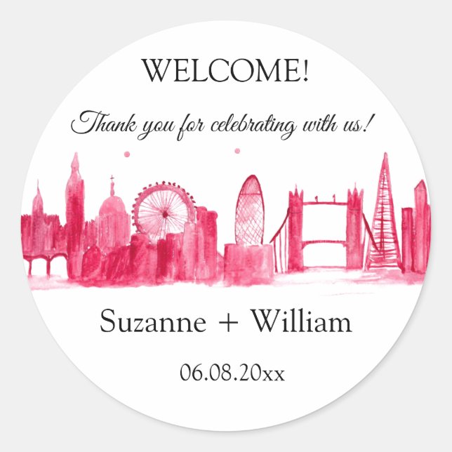 London England skyline Pink Favours Weddings Classic Round Sticker (Front)