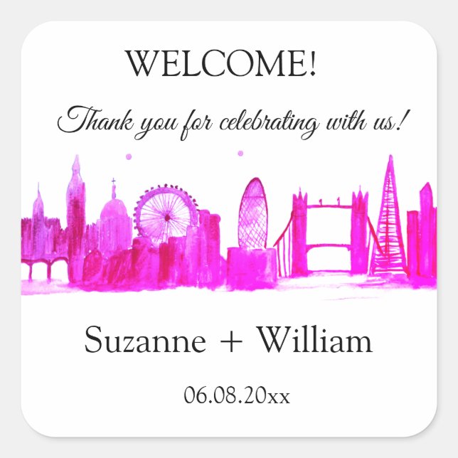 London England skyline Pink Favours Weddings Squar Square Sticker (Front)