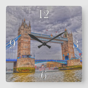 London, England Tower Bridge & Thames River Square Wall Clock