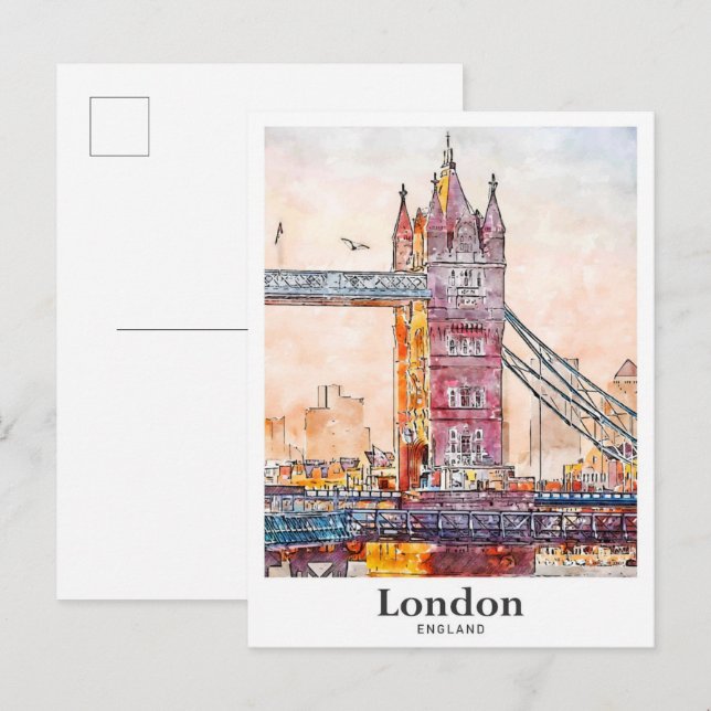 London England Travel Watercolor Hand Drawn Postcard (Front/Back)