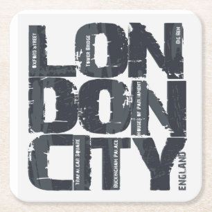 London, England Typography Square Paper Coaster