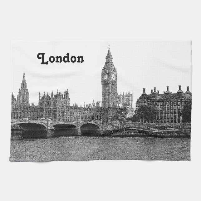 London England UK Skyline Etched Kitchen Towel (Horizontal)