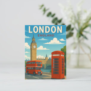 London England Vintage Travel Big Ben, Red Bus  Postcard
