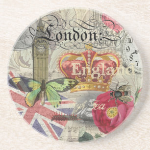 London England Vintage Travel Collage Coaster