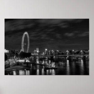 London Eye at night in Black and White Poster