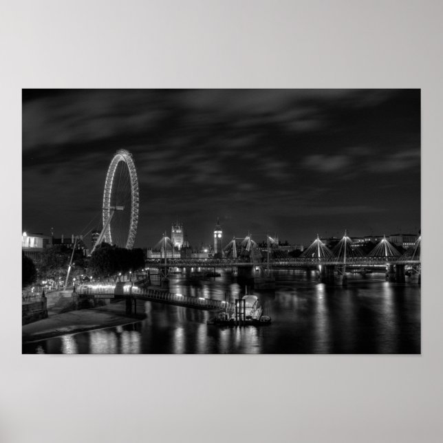 London Eye at night in Black and White Poster (Front)