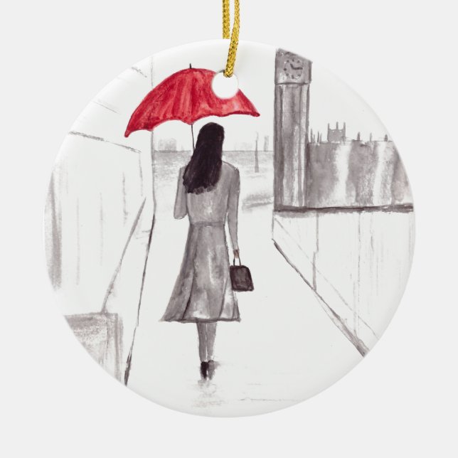 London girl with red umbrella ceramic ornament (Front)