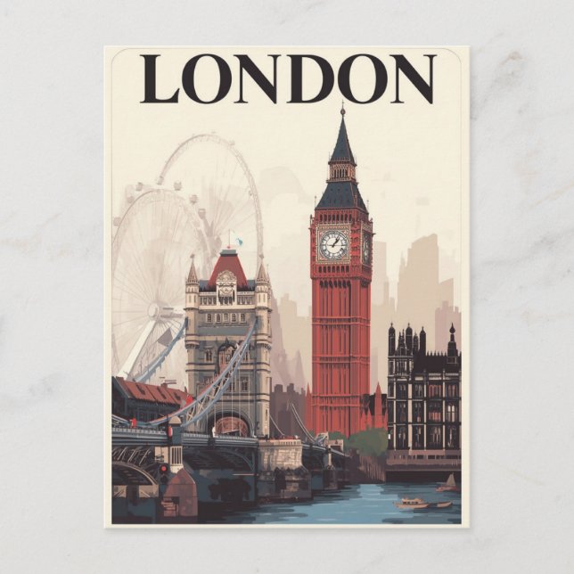 London Iconic Landmarks Retro Travel Art Postcard (Front)