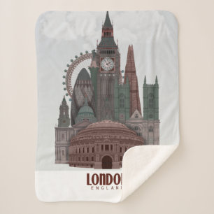 London in Clouds Red and Green Sherpa Blanket