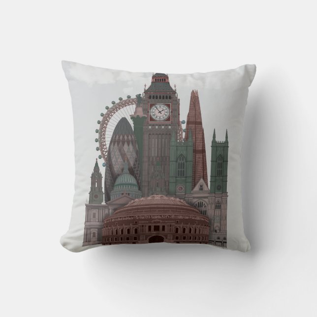London in Clouds Red and Green Throw Pillow (Front)