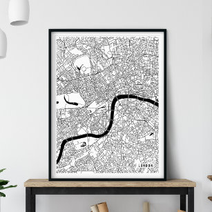London Map, Black and White Modern Street Map Poster