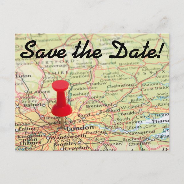 London Map Pin Save the Date Announcement Postcard (Front)