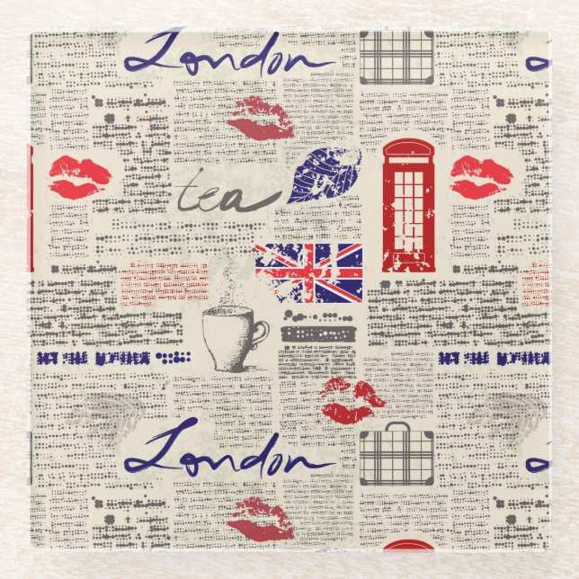 London Newspaper Pattern Glass Coaster (Front)
