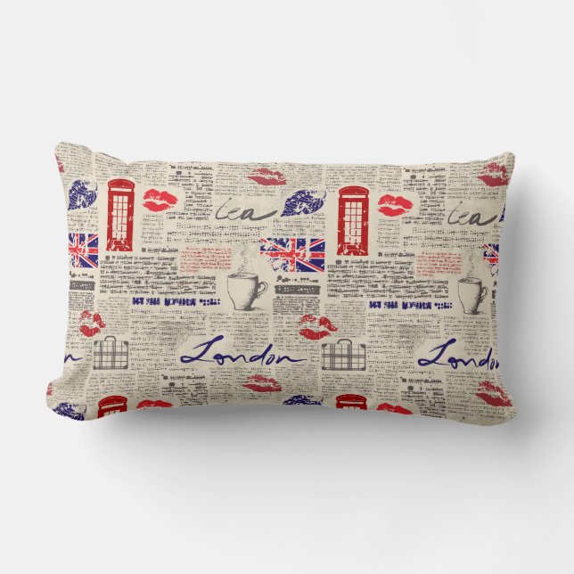 London Newspaper Pattern Lumbar Pillow (Front)