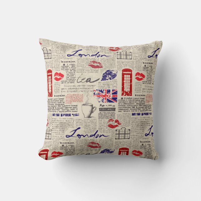 London Newspaper Pattern Throw Pillow (Front)