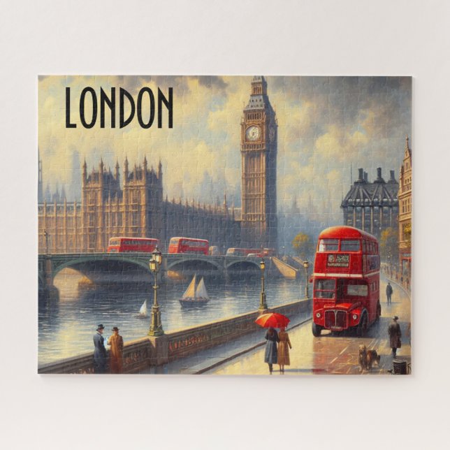 London on a Rainy Day Red Bus Westminster Jigsaw Puzzle (Horizontal)