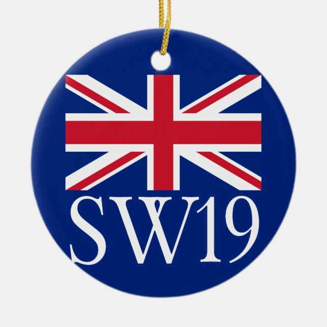 London Postcode SW19 with Union Jack Ceramic Ornament (Front)