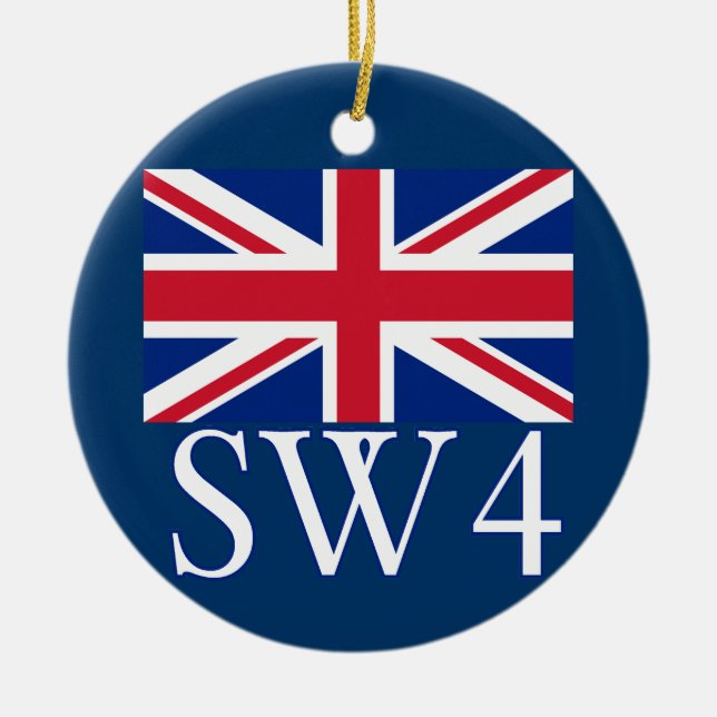 London Postcode SW4 with Union Jack Ceramic Ornament (Front)