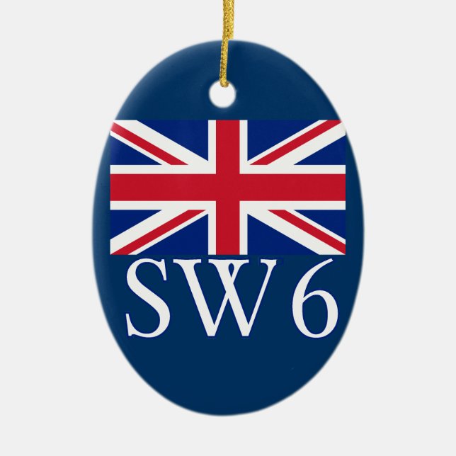 London Postcode SW6 with Union Jack Ceramic Ornament (Front)
