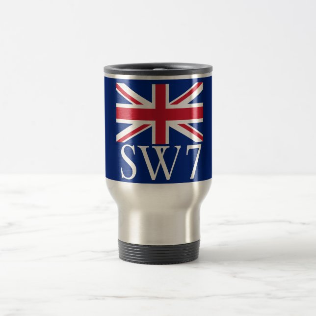 London Postcode SW7 with Union Jack Travel Mug (Center)