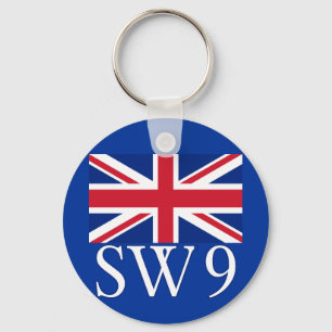 London Postcode SW9 with Union Jack Keychain