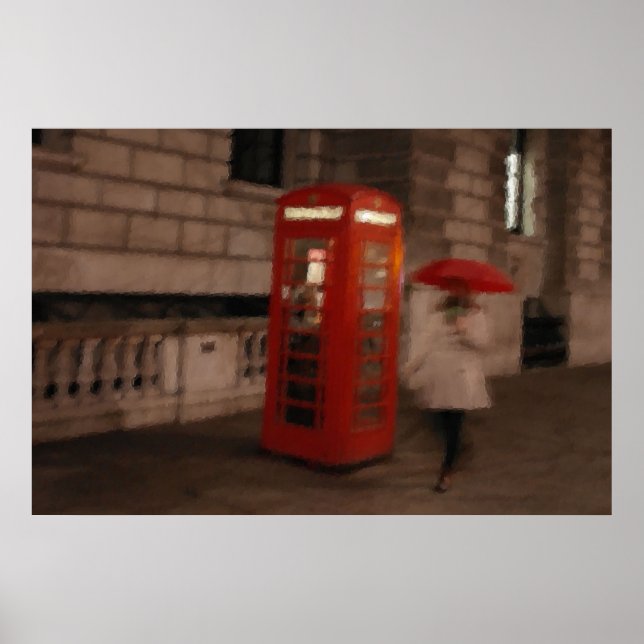 London - Rainy Day Red Phone Box / Umbrella Poster (Front)