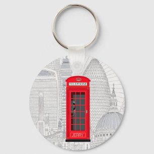 London Red Phone Booth Skyline with Custom Name Keychain