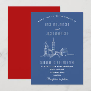 London Skyline Blue Red Wedding Invitation