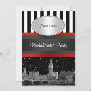 London Skyline BW Blk Wht Stripe Red Bachelorette Invitation