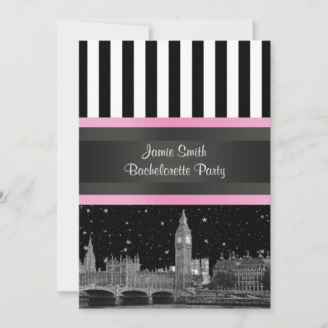 London Skyline BW Blk Wht Strp Pink Bachelorette Invitation (Front)