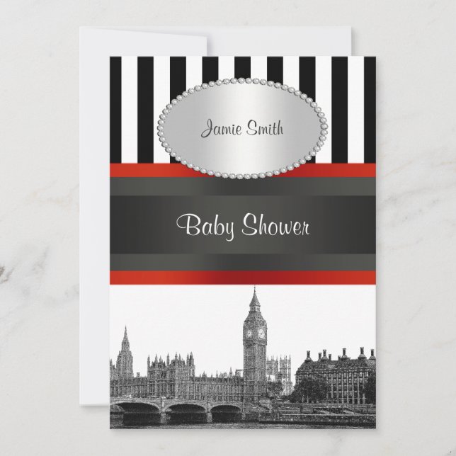 London Skyline BW Blk Wht Strp Red Baby Shower Invitation (Front)