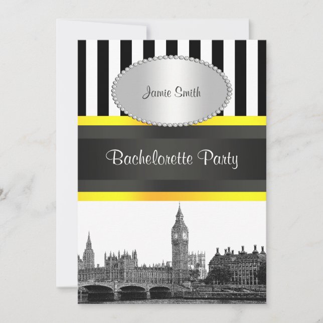 London Skyline BW Blk Wht Strp Ylo P Bachelorette Invitation (Front)