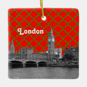 London Skyline Etched, Green Red Green Quatrefoil Ceramic Ornament