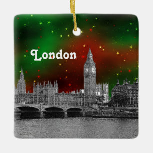 London Skyline Etched, Green Red Starry Sky Xmas Ceramic Ornament