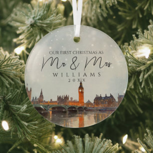 London Skyline First Christmas As Mr & Mrs Photo Glass Ornament