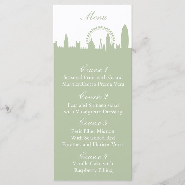 London Skyline Sage Personalized Menu cards (Front)