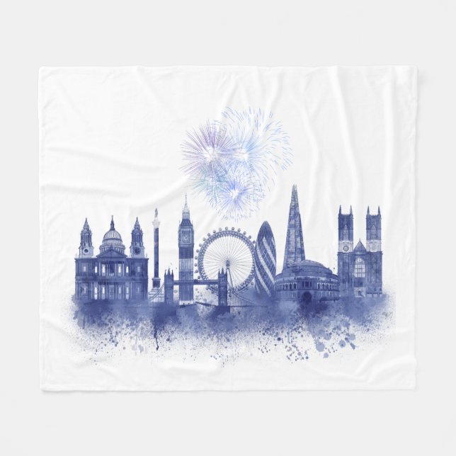 London Skyline - Watercolor Blue Fleece Blanket (Front (Horizontal))
