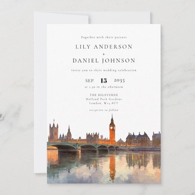 London Skyline Watercolor Elegant Wedding Invitation (Front)