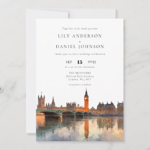 London Skyline Watercolor QR Code Wedding Invitation