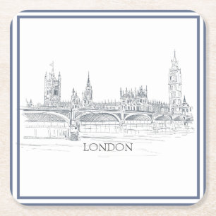 London Skyline With Big Ben Blue Ink Sketch Square Paper Coaster
