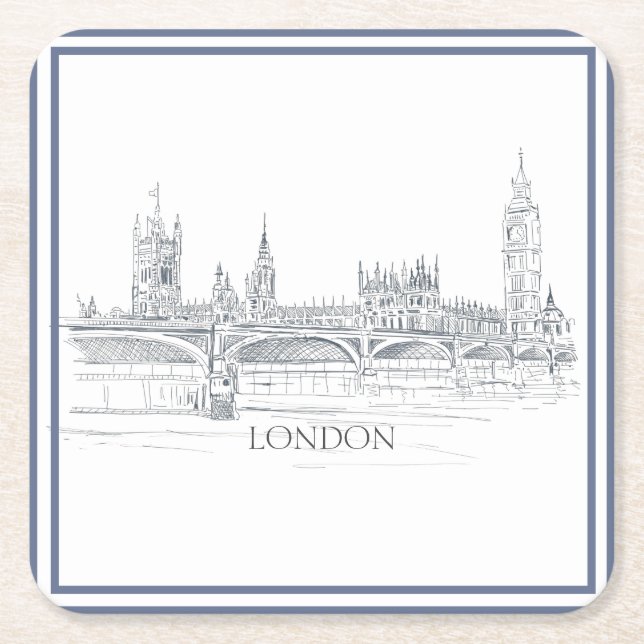 London Skyline With Big Ben Blue Ink Sketch Square Paper Coaster (Front)