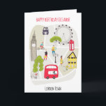 London Stylized Map Cartoon Happy Birthday Name Card<br><div class="desc">A stylish way to send someone birthday wishes with this stylized map illustration of London,  England with famous landmarks,  tax,  bus,  phone box and characters. Easily personalise with your greeting on the front and inside.</div>