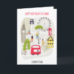 London Stylized Map Cartoon Happy Birthday Name Card<br><div class="desc">A stylish way to send someone birthday wishes with this stylized map illustration of London,  England with famous landmarks,  tax,  bus,  phone box and characters. Easily personalise with your greeting on the front and inside.</div>
