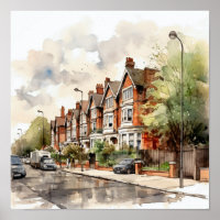 London Suburbs Watercolor Painting Square 
