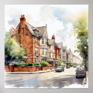 London Suburbs Watercolor Painting Square Poster