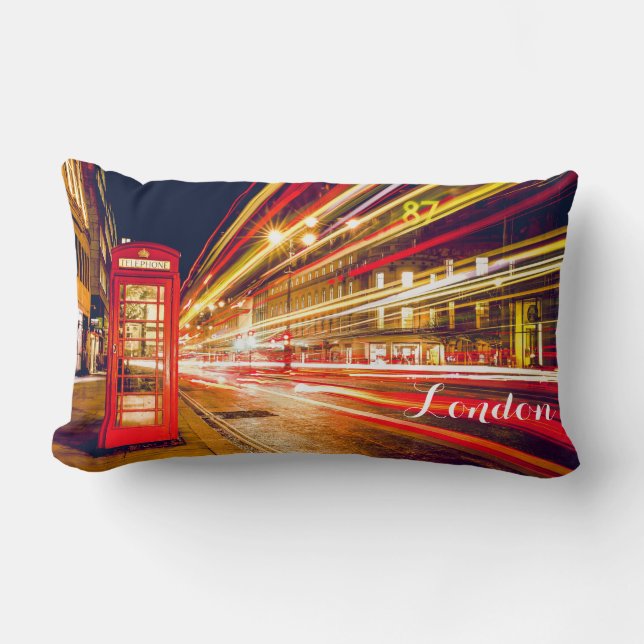 London Telephone Booth Bus City Street at Night Lumbar Pillow (Front)