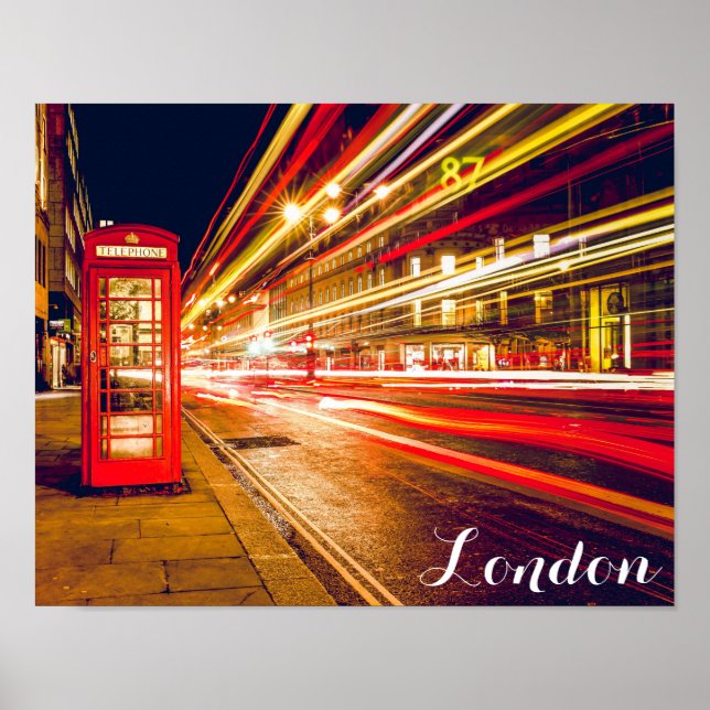 London Telephone Booth Bus City Street at Night Poster (Front)
