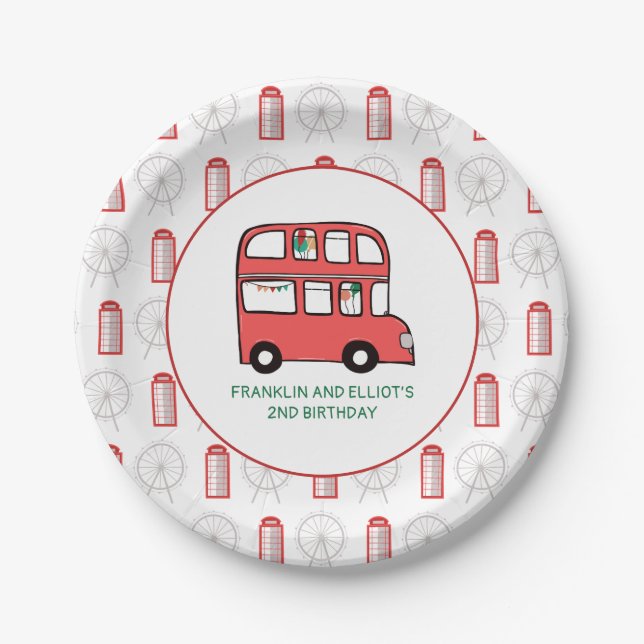 London Theme Kids Joint Birthday Party Paper Plate (Front)