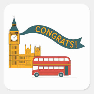 London-Themed "Congrats!" Greeting with Big Ben Square Sticker