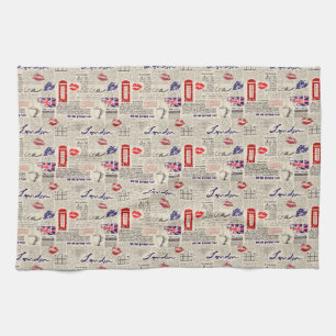 London Themed Seamless Pattern with Phone Booths Kitchen Towel